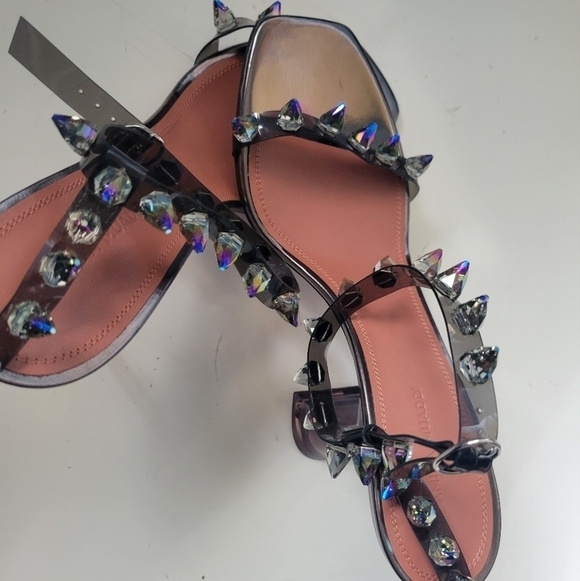Amina Muaddi Julia Glass Crystal-Spike Clear Sandals Size 9B Dark Grey - Picture 9 of 13